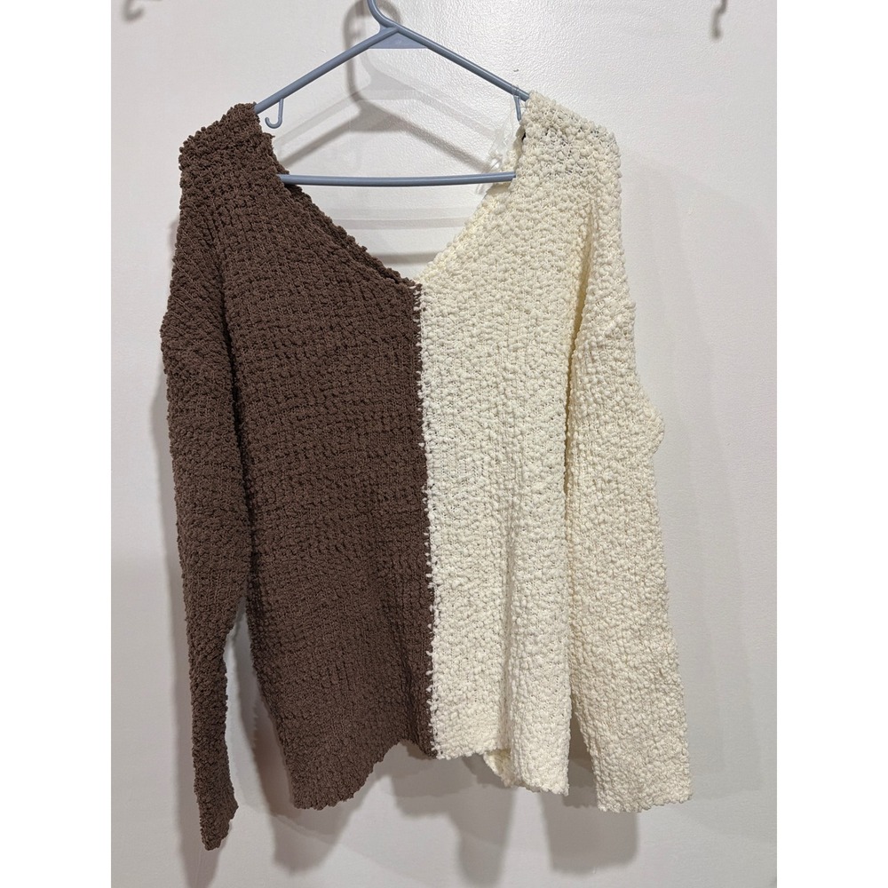 Bobeau Brown Crm Colorblock Popcorn Knit V-Neck Sweater L Soft Girl Boucle Hygge